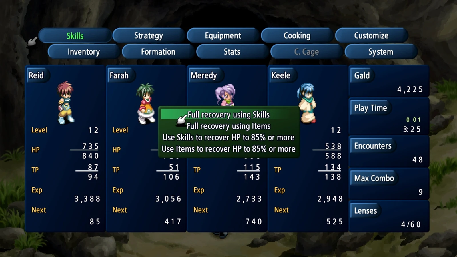 Quick Recovery screen listing the party recovery options in Tales of Eternia Remastered