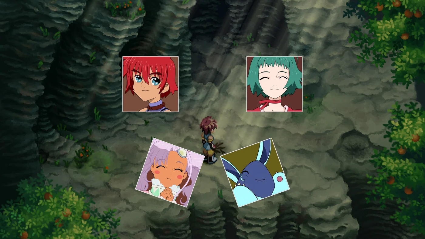 Character portrait cards appearing over a cave conversation scene