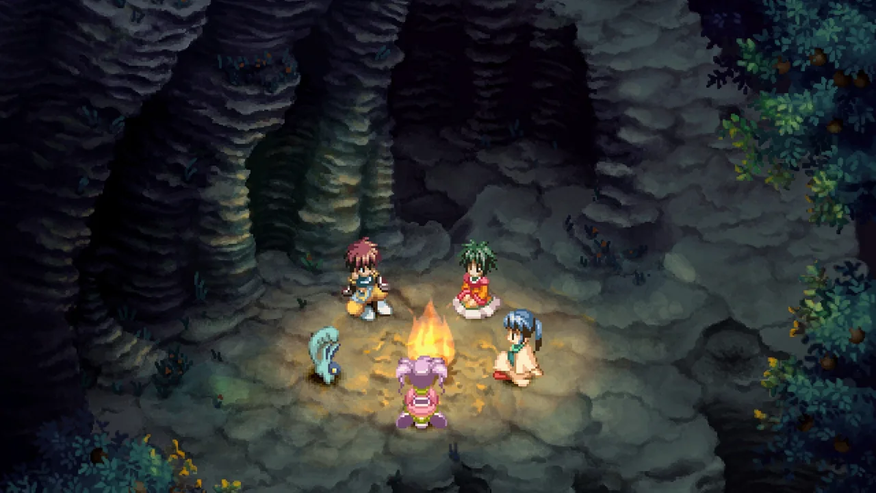 Party seated around a campfire inside a dark cave between battles