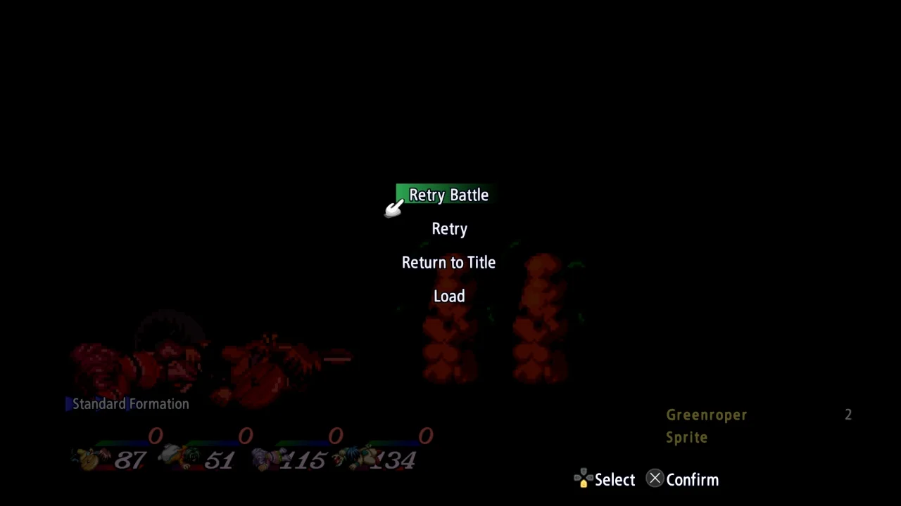 Official Battle Retry prompt after a party defeat in Tales of Eternia Remastered