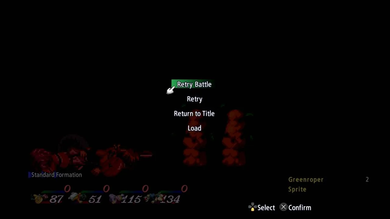 Bandai Namco screenshot of the Battle Retry screen in Tales of Eternia Remastered