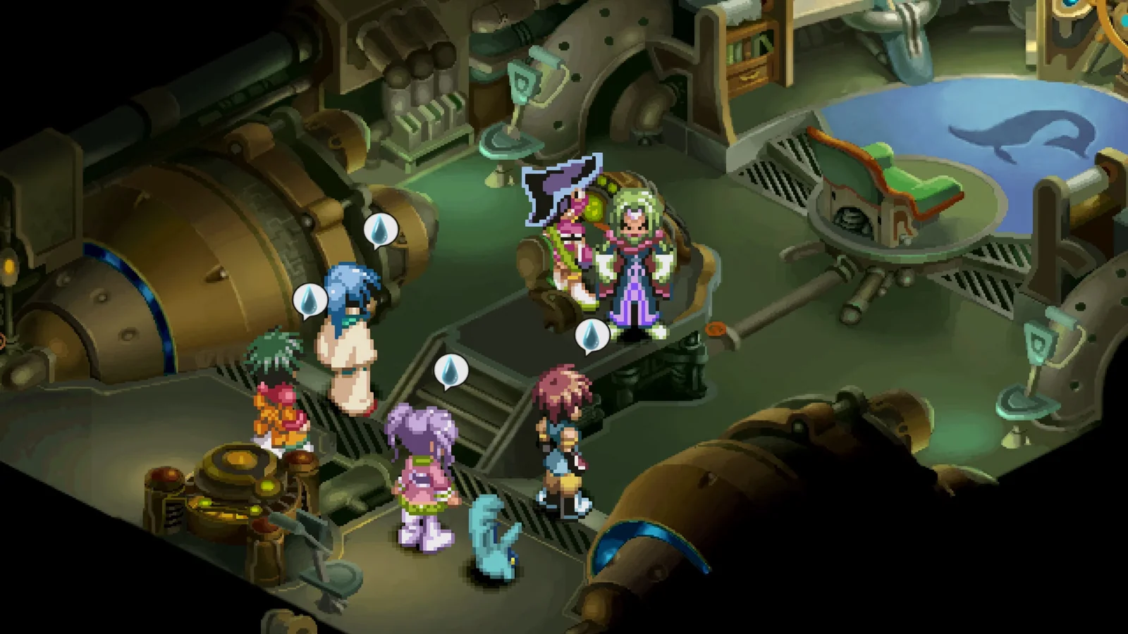 The playable party gathered inside the airship cabin among machinery and a whale mural