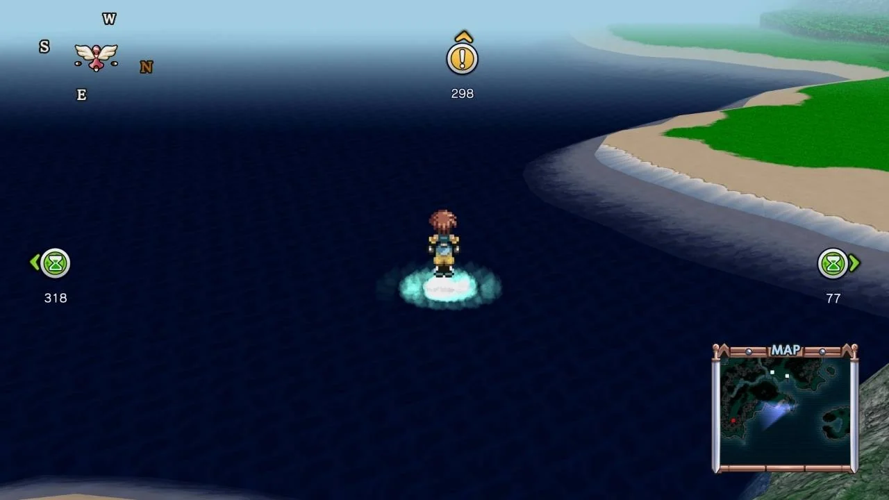 Party crossing the Celestia sea on a disc of light with a destination marker reading 298